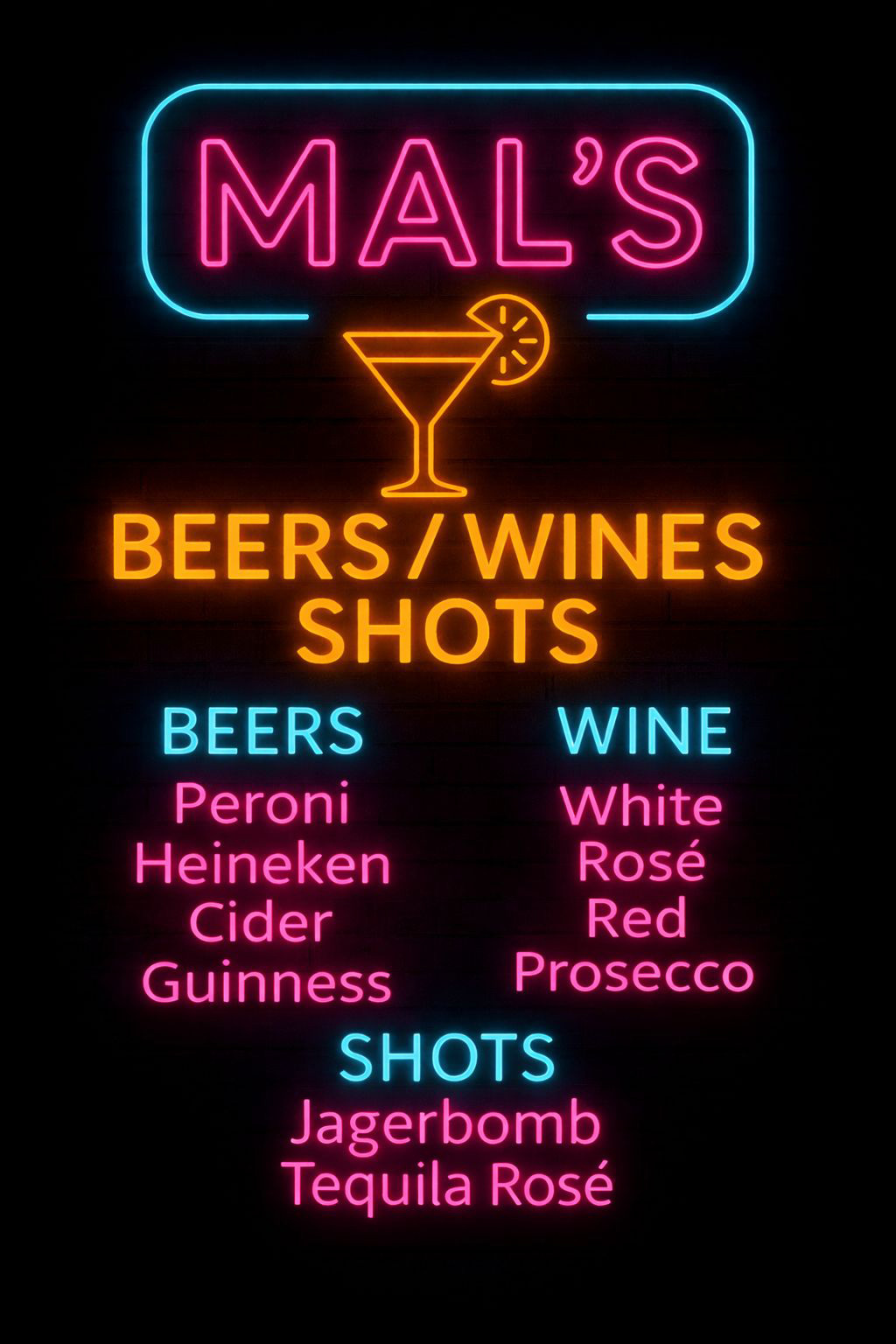 MALS Mobile Bar - Drinks Menu - Beer, Wine & Shots